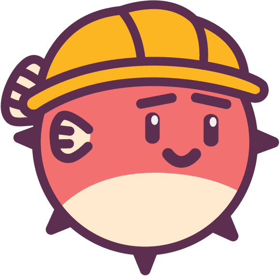 Pufferfish wearing a construction helmet and holding a UNDER CONSTRUCTION sign.